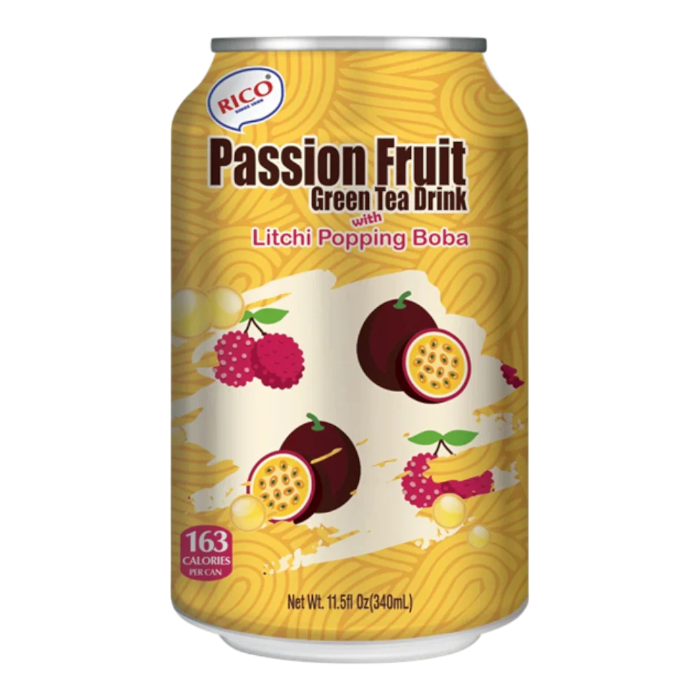 Rico- Passion Fruit Green Tea Drink (with Lychee Popping Boba) 340ml (Case 24)