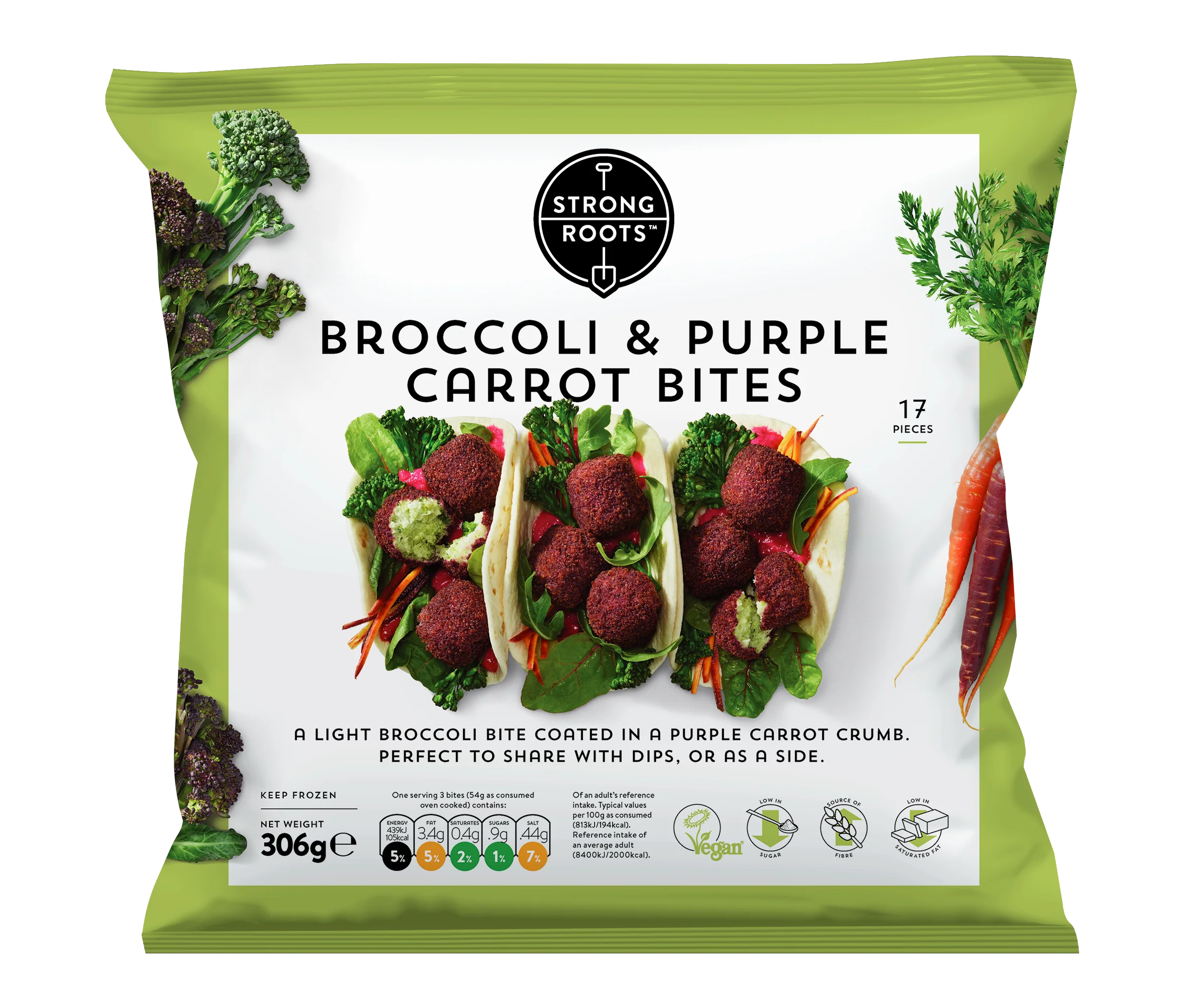 STRONG ROOTS Broccoli & Purple Carrot Bites 306GR (Frozen)