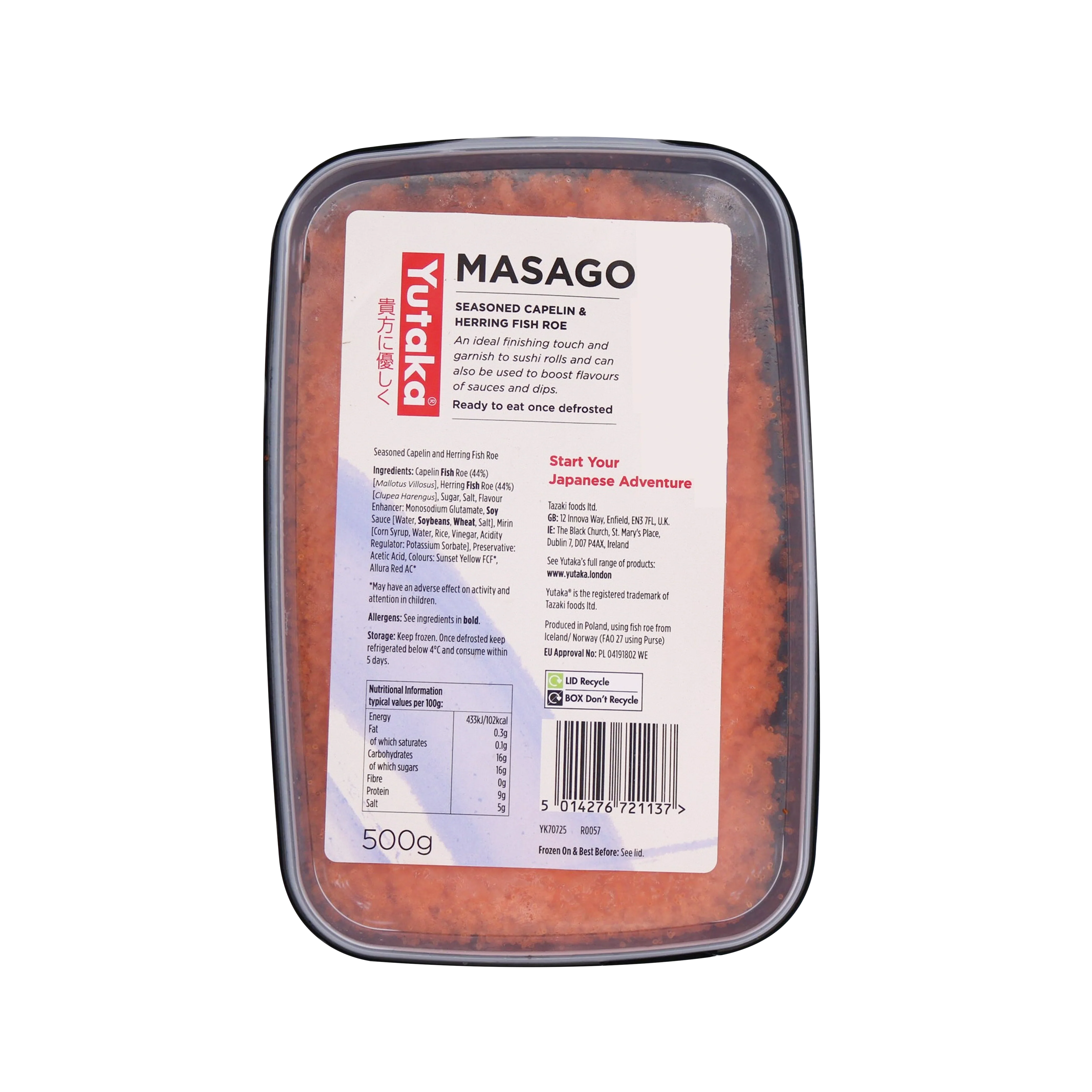 YUTAKA Masago Orange - Seasoned Capelin Fish Roe 500g (Frozen)